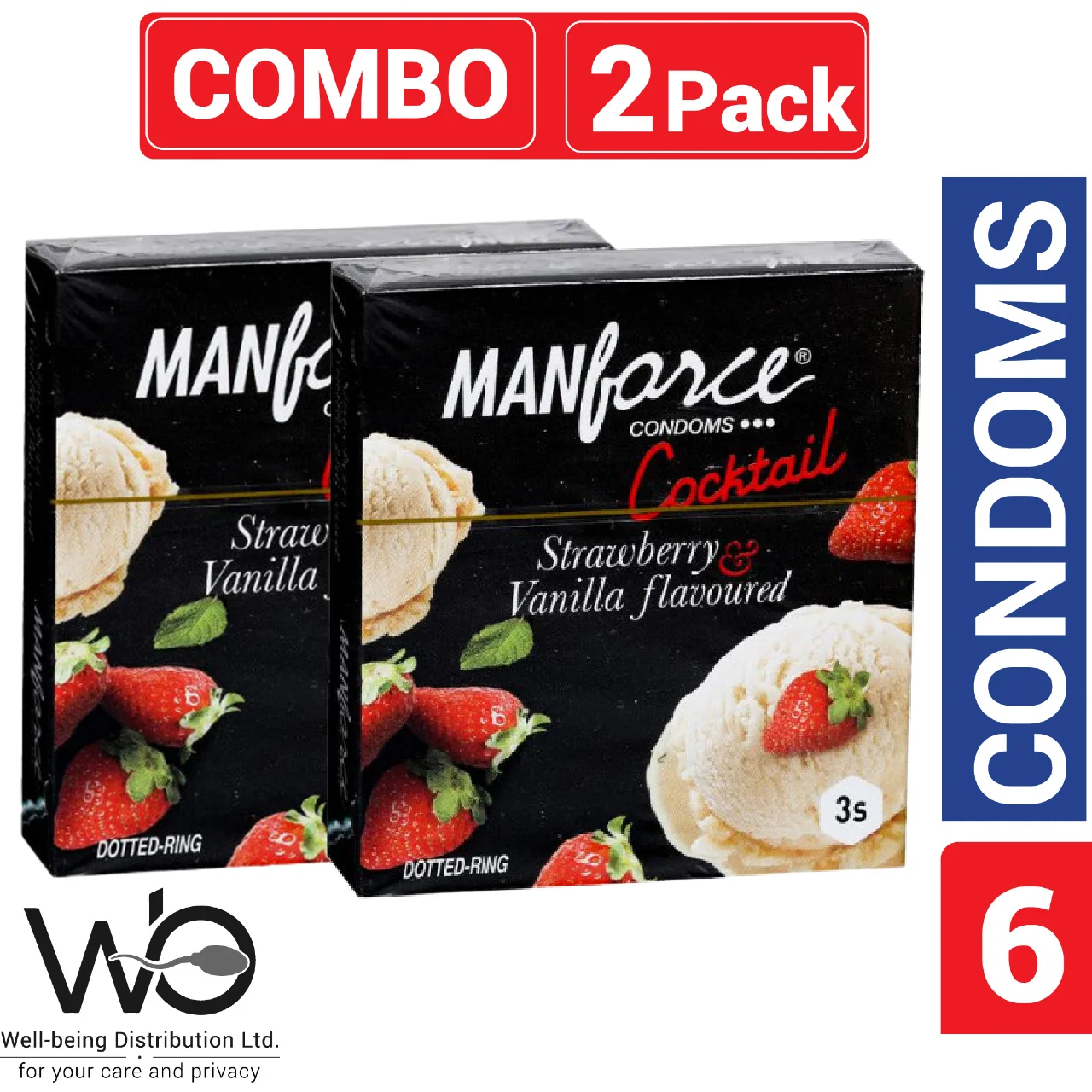 Manforce – Cocktail Condoms with Dotted-Rings Strawberry & Vanilla Flavored – Combo Pack – 2 Pack – 3×2=6pcs – Condom