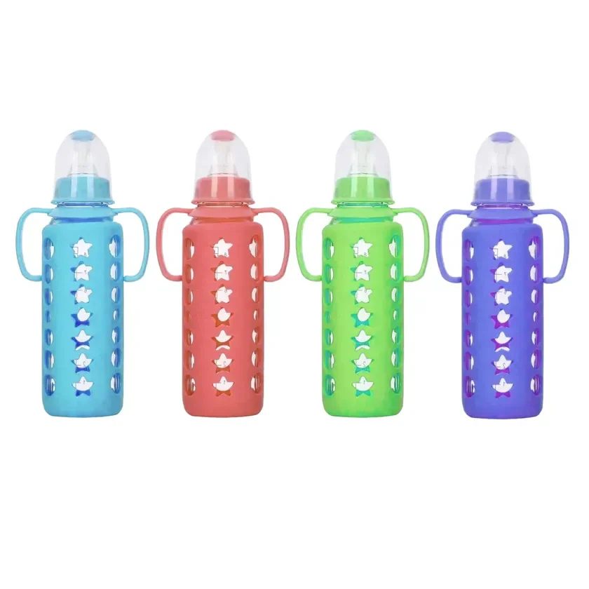 Mumlove Baby Feeder Double Protection Unbreakable 120ml/ 250ml Glass Body Feeding Bottle with Nipple Handle & Silicon Cover