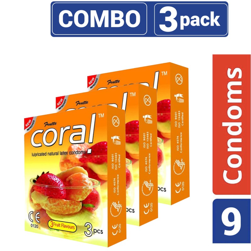 Coral 3 Fruits Flavors Lubricated Natural Latex Condoms For Men | 3 Pack Combo | 9 Pcs