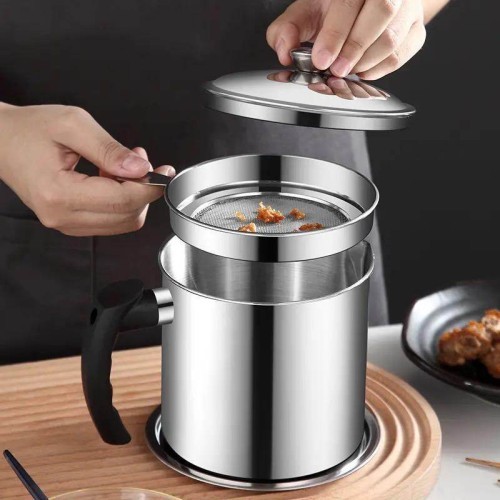 Stainless Steel Oil Strainer Pot Container Jug Storage with filter Cooking Oil Pot 1.3litter