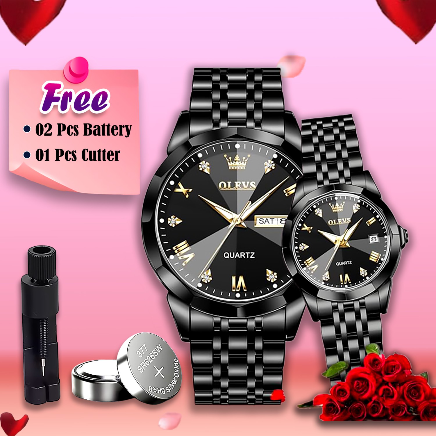 Butter Fly Lock Olievs Stainless Steel fashionable Couple watches +1pcs chain cutter+ 2 pcs battery Full Black (1)