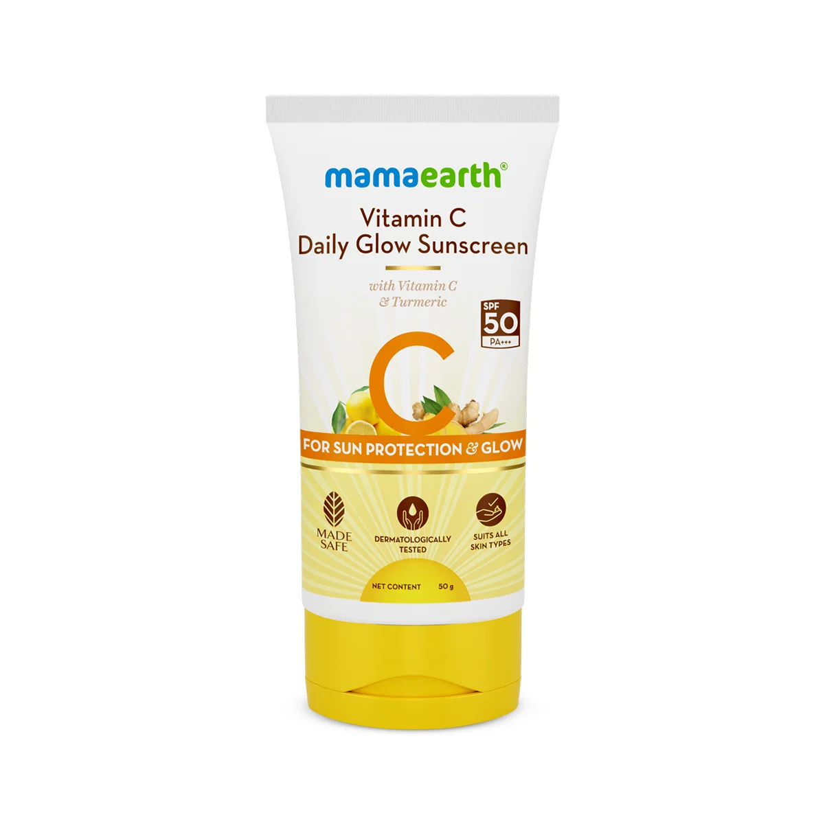 Mamaearth Vitamin C Daily Glow All Skin Type Sunscreen 50g Spf 50 Pa++++ With Vitamin C & Turmeric, Lightweight, For Sun Protection & Glow
