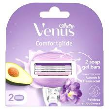 Refills 2pcs – Gillette Venus Comfortglide Hair Removal Razor Blades/ Refills/ Cartridges | For Women | Avocado Oils & Freesia scent soap gel bars