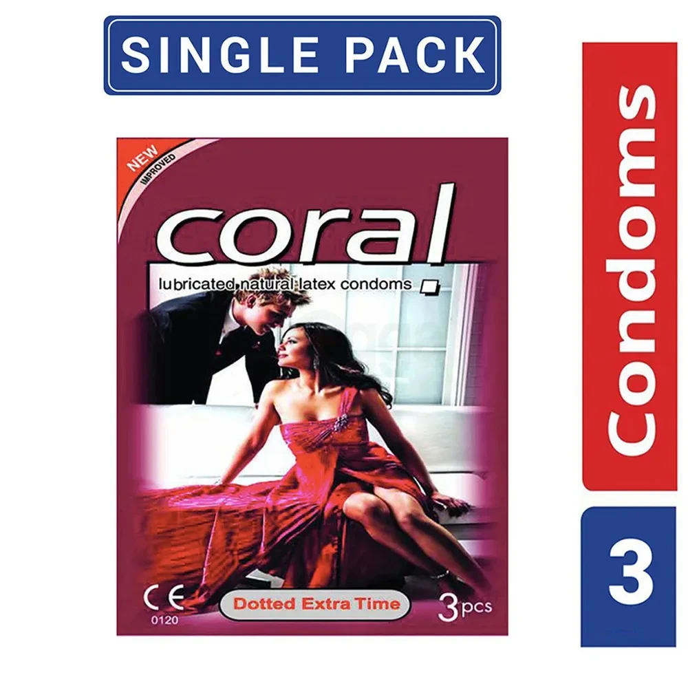 Coral Dotted Condom For Men | Extra Time Lubricated Natural Latex | Single Pack