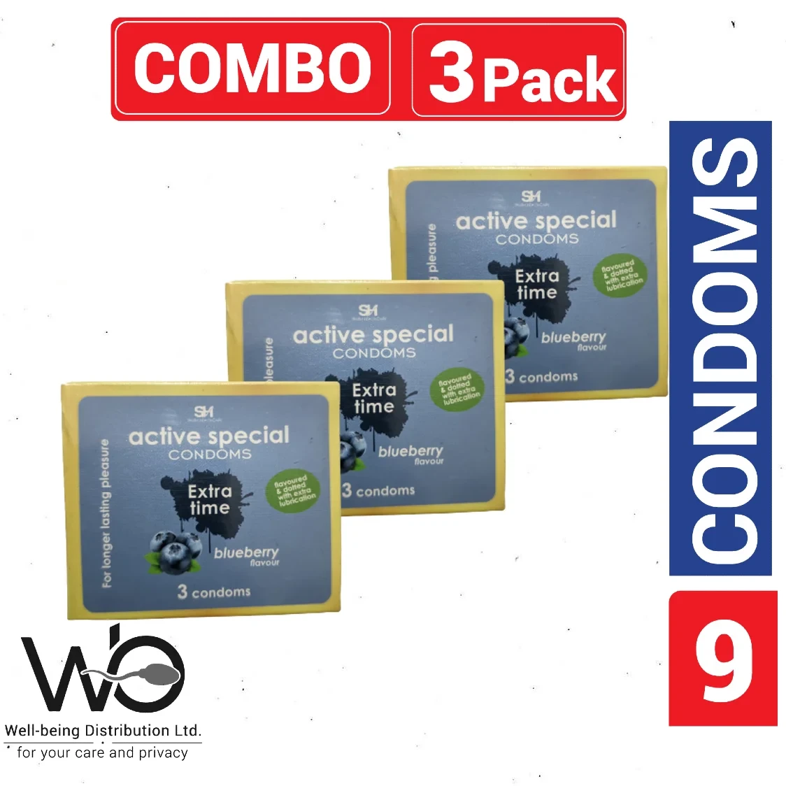 Active Condoms – Blueberry Flavor Long Lasting Dotted Extra Time Condom – 3 Pack Combo – 3×3=9pcs Condom (Made in India)